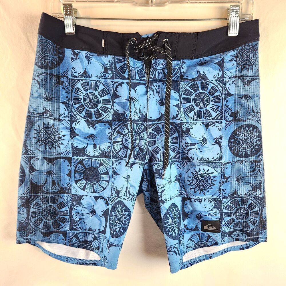 Quiksilver Highline Board Shorts Mens 28 Blue Floral Surf Swim Stretch Highlite